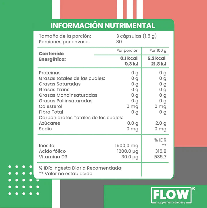 Myo Inositol + Ácido Fólico + Vitamina D3 - 90 cápsulas 500 mg.